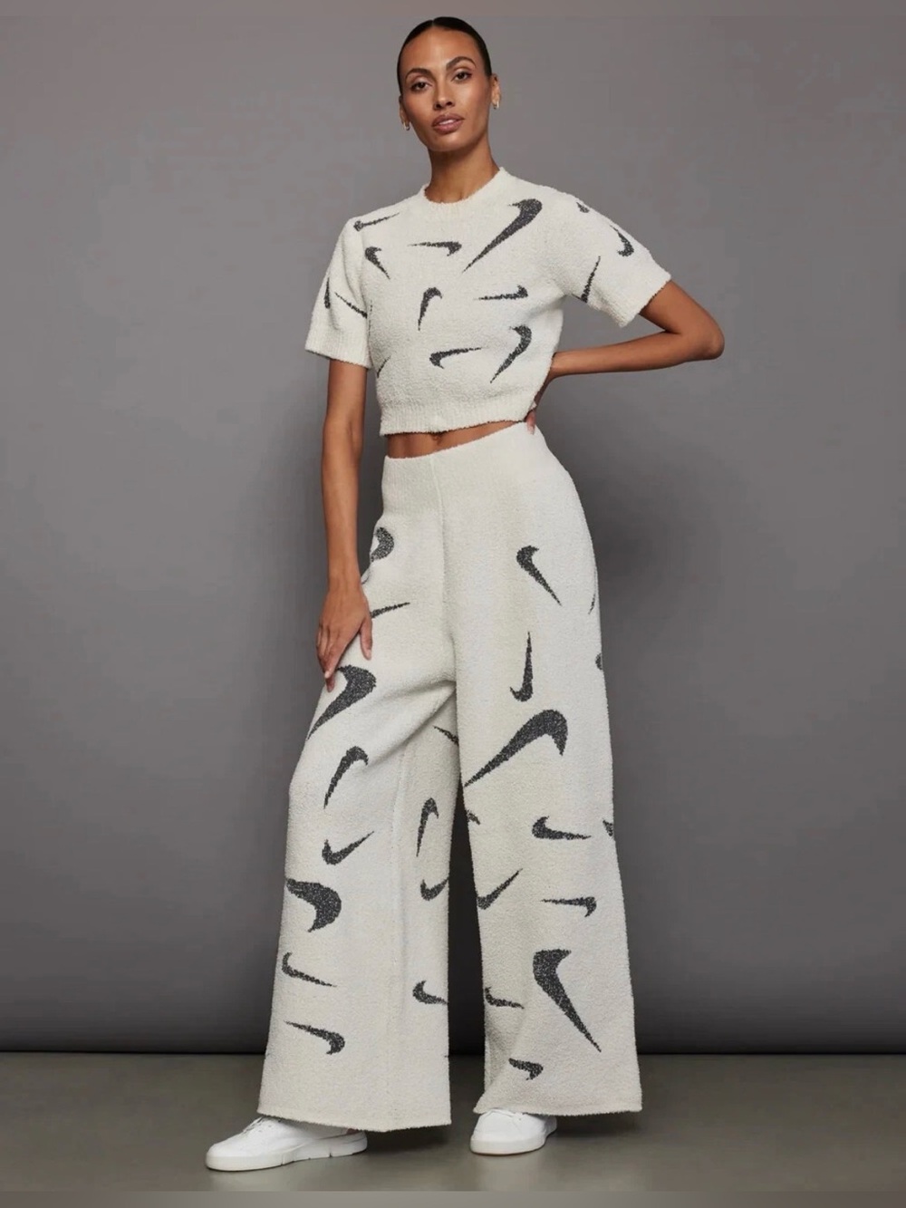 Nike Sportswear Phoenix Cozy Bouclé Wide Leg Pants Women’s XL Swoosh Cream Black